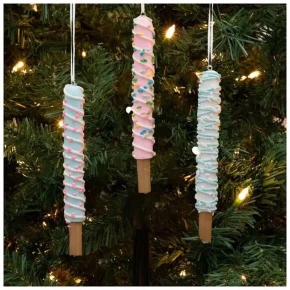 Set of 2 Pink Glitter Icing Pretzel Stick Ornaments - B